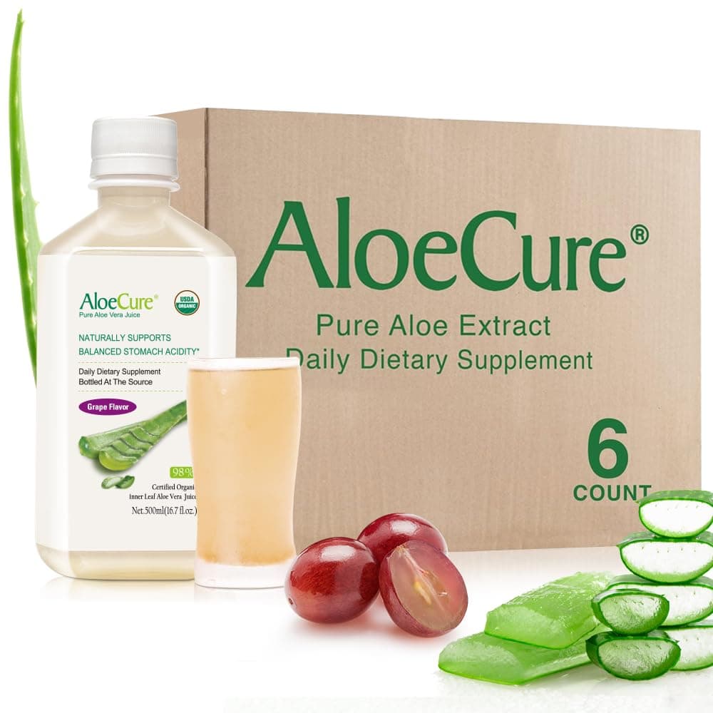 USDA Organic Aloe Vera Juice Grape Flavor, Made Within 12 Hours of Harvest - Pure Aloe Vera Digestive & Immune Health Supplement, Helps Maintain Balanced Stomach Acidity, 16.7oz x 6 Btls