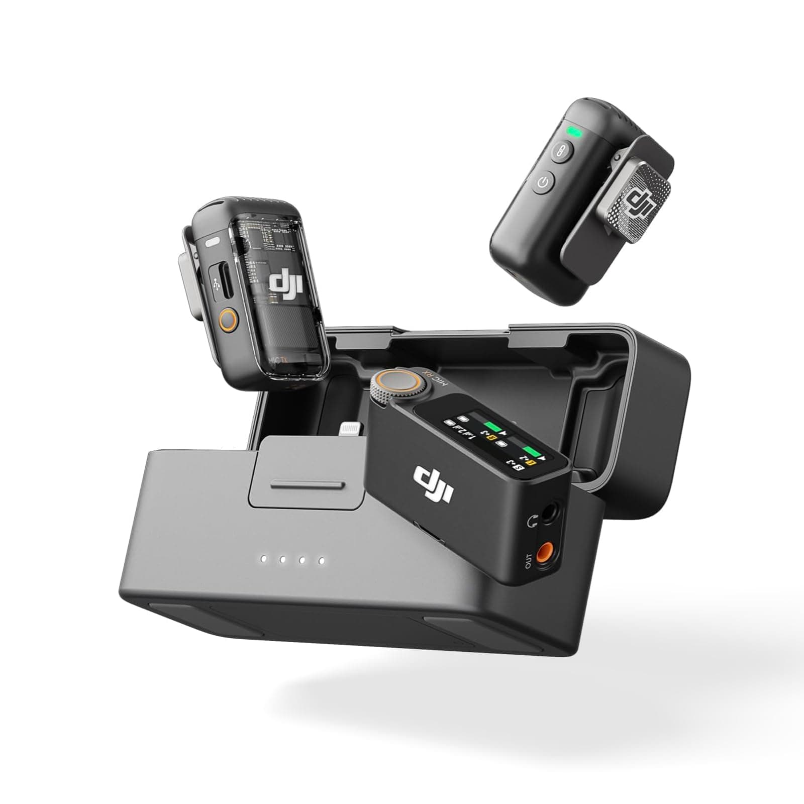 DJI Mic 2 (2 Transmitters + 1 Receiver + Charging Case), All-in-One Wireless Microphone, Smart Noise Cancelling, 32-bit Float Internal Recording, Transmission Distance 250m (250 m), iPhone Microphone,