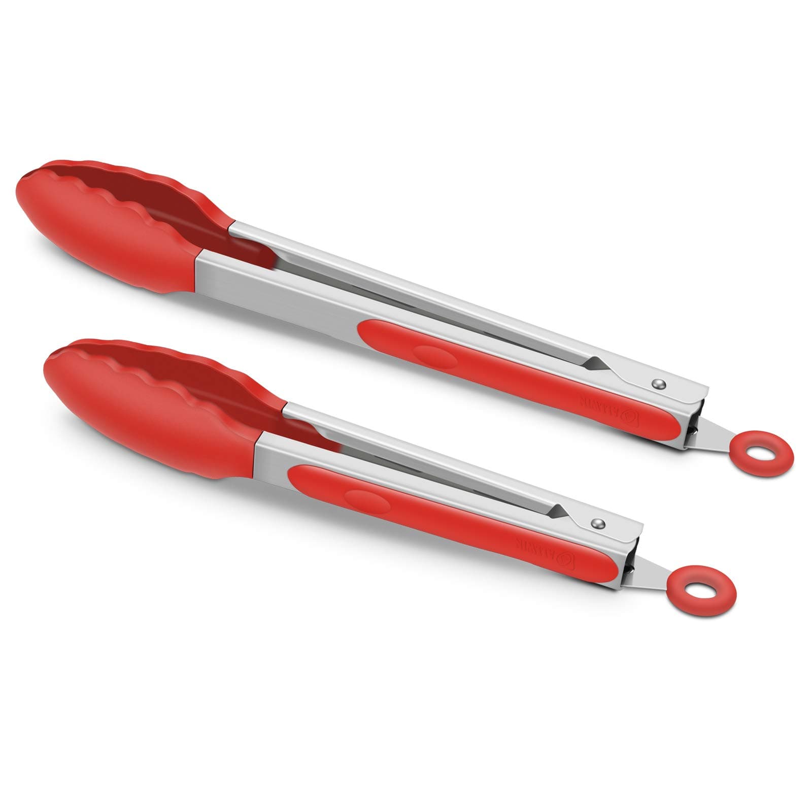 ALLWIN-HOUSEWARE WSet of 2 Kitchen Tongs 9-Inch & 12-Inch, Premium Stainless Steel BPA Free Silicone Non-Stick Grilling Barbeque Cooking Locking Food Tongs, Red