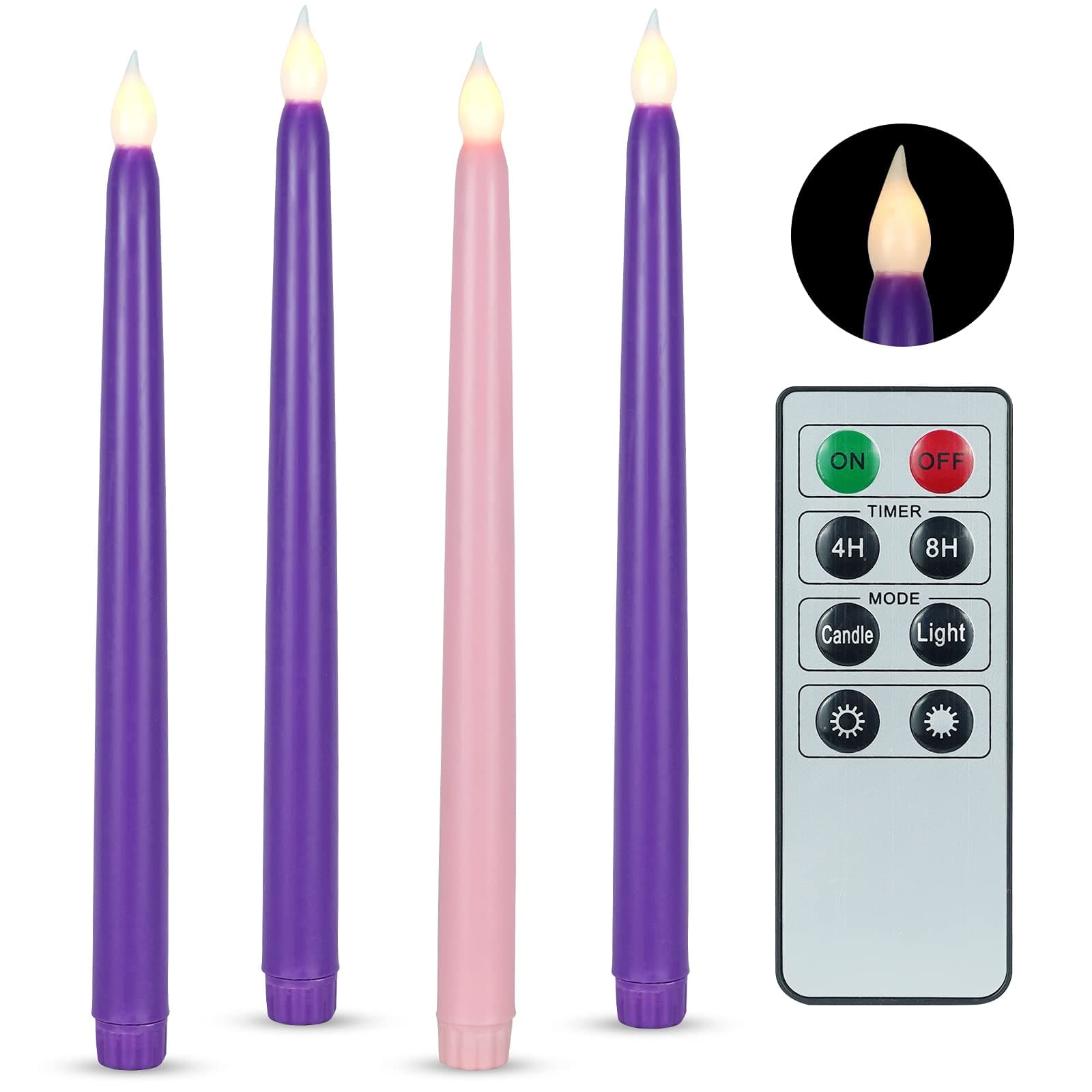 Flameless Advent Candles,Real Wax Battery Operated Electric LED Taper Candles with Remote Timer, Set of 4 Purple & Pink Flickering Taper Candles for Wreath Thanksgiving Christmas Outdoor Centerpieces