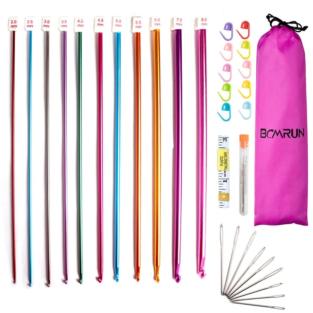 Crochet Hooks Set,11 Size of Aluminum Tunisian Afghan Knitting Needle Set with Storage Bag,Including Locking Stitch Makers Large-eye Blunt Needles