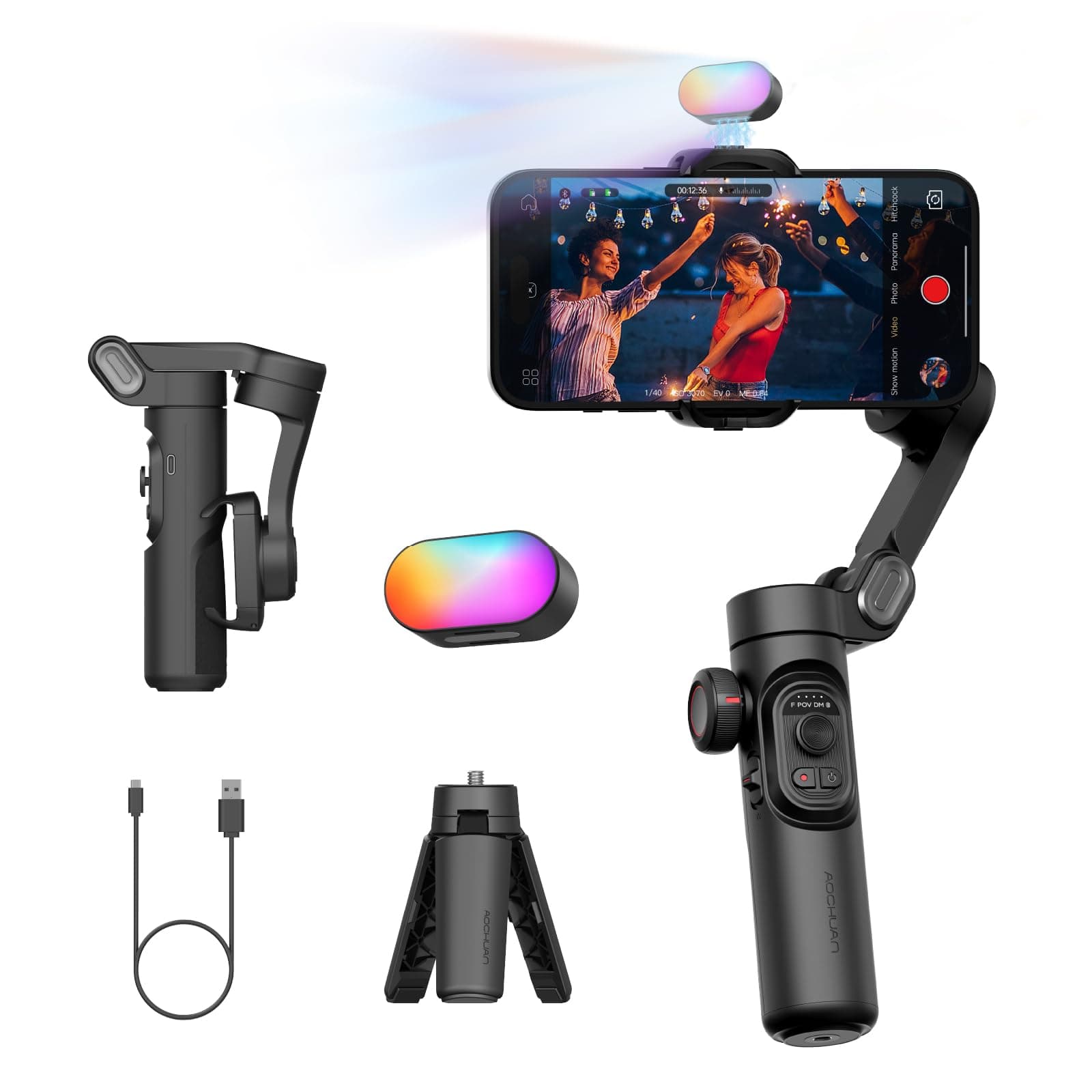 AOCHUAN 3-Axis Gimbal Stabilizer for iPhone Gimbal w/RGB Magnetic Fill Light Upgraded Face Tracking Focus Wheel Foldable Smartphone for iPhone/Android Phone Stabilizer Vlog Recording Smart XE Kit