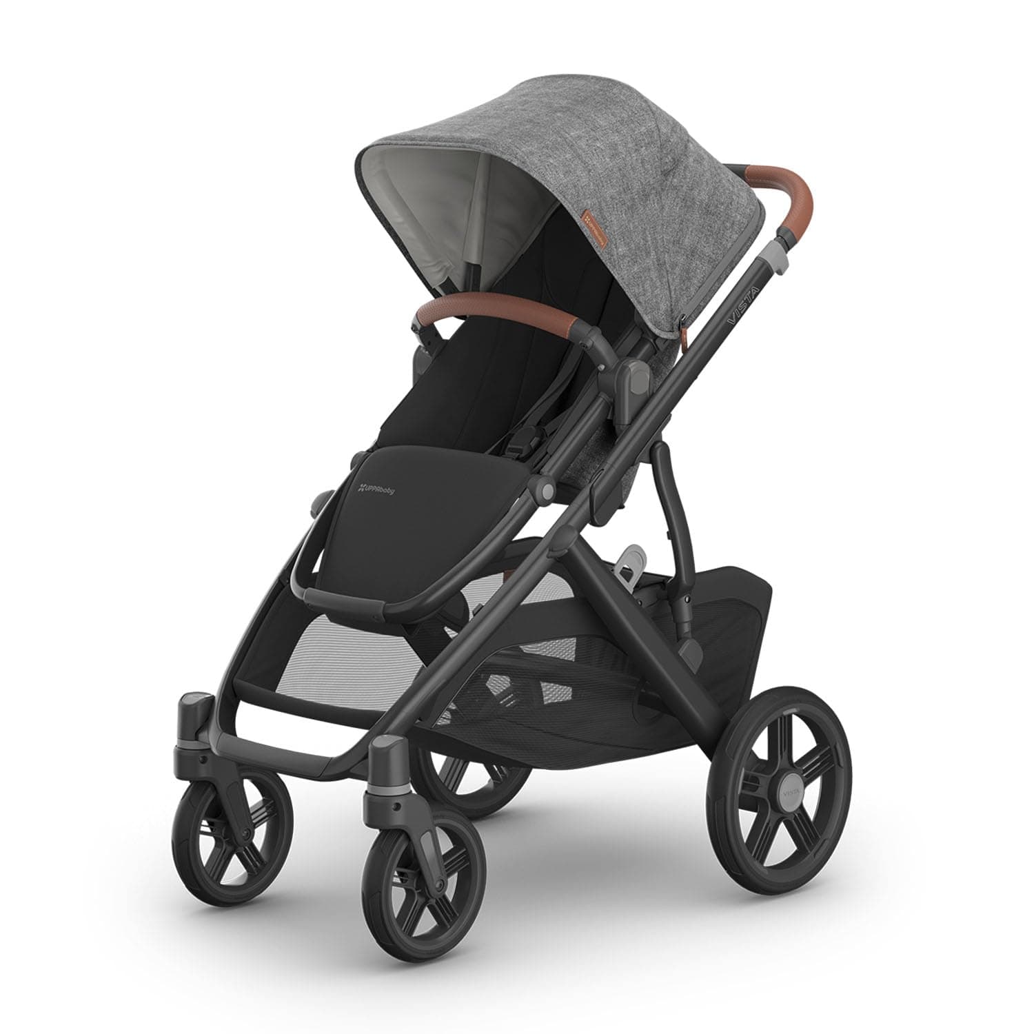 Vista V3 Stroller - Full-Size Single-to-Double Stroller System - Toddler Seat, Bug Shield, Rain Shield, and Storage Bag Included - Greyson (Charcoal Mélange/Carbon Frame/Saddle Leather)
