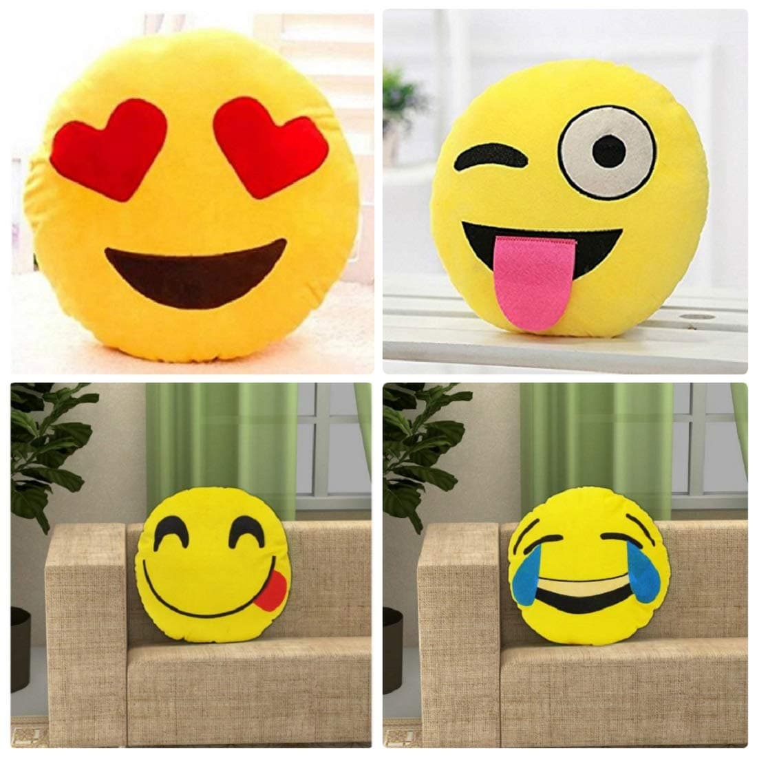 Supreme Home Collective Plush Smiley Emoji Pillow Soft Round Loving heart,Crazy,Foodie,Laugh cry Decorative Cushion, 12x12 inches/30x30cm - Pack of 4