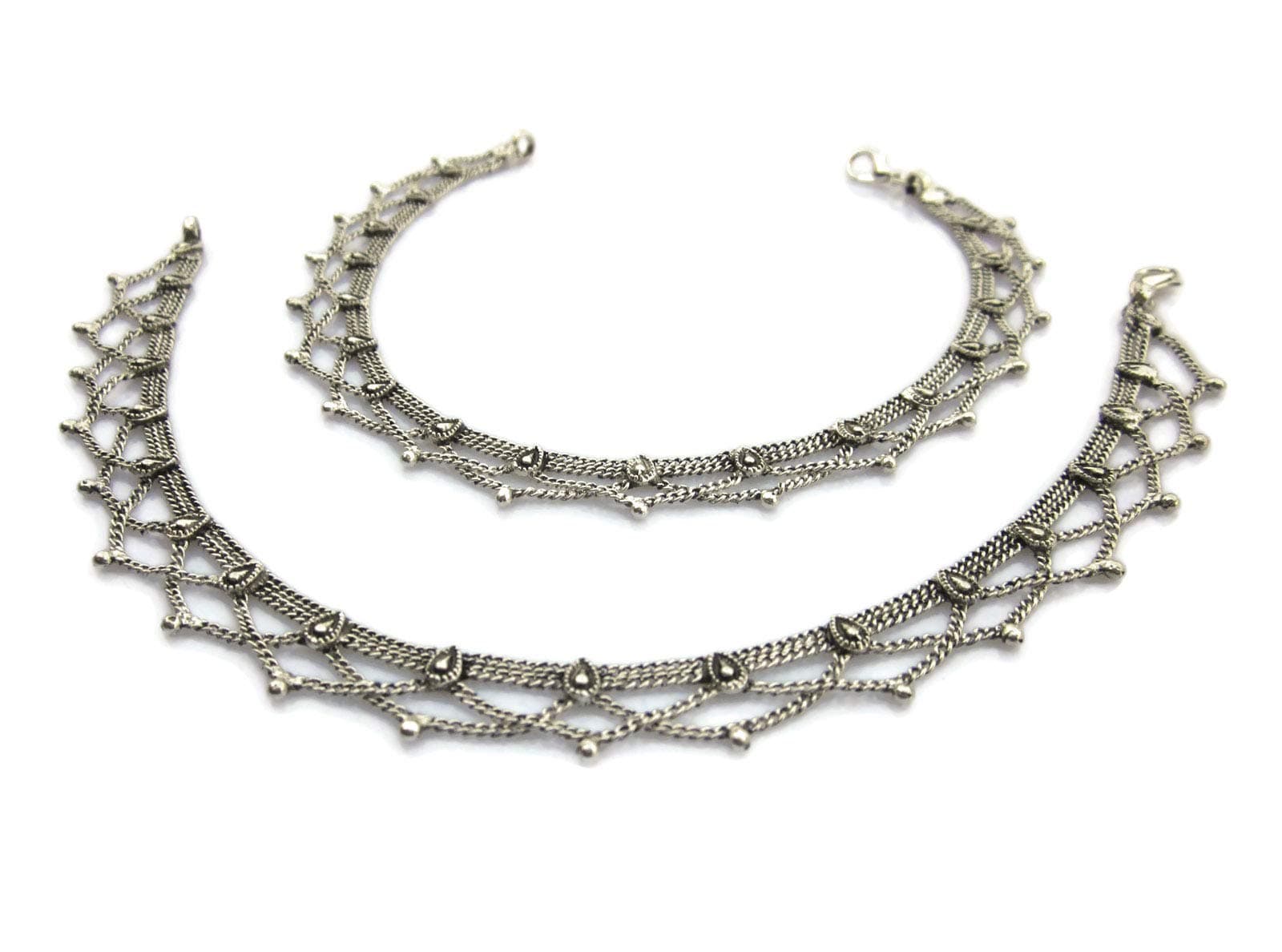 Handmade Womens Boho Anklets Pair | Silver Plated Brass Copper Metal Chain Vintage Antique Oxidized Finish | Inidan Payal Feet Ankle Bracelet Fashion Jewelry | Traditional Bollywood Festival Gypsy