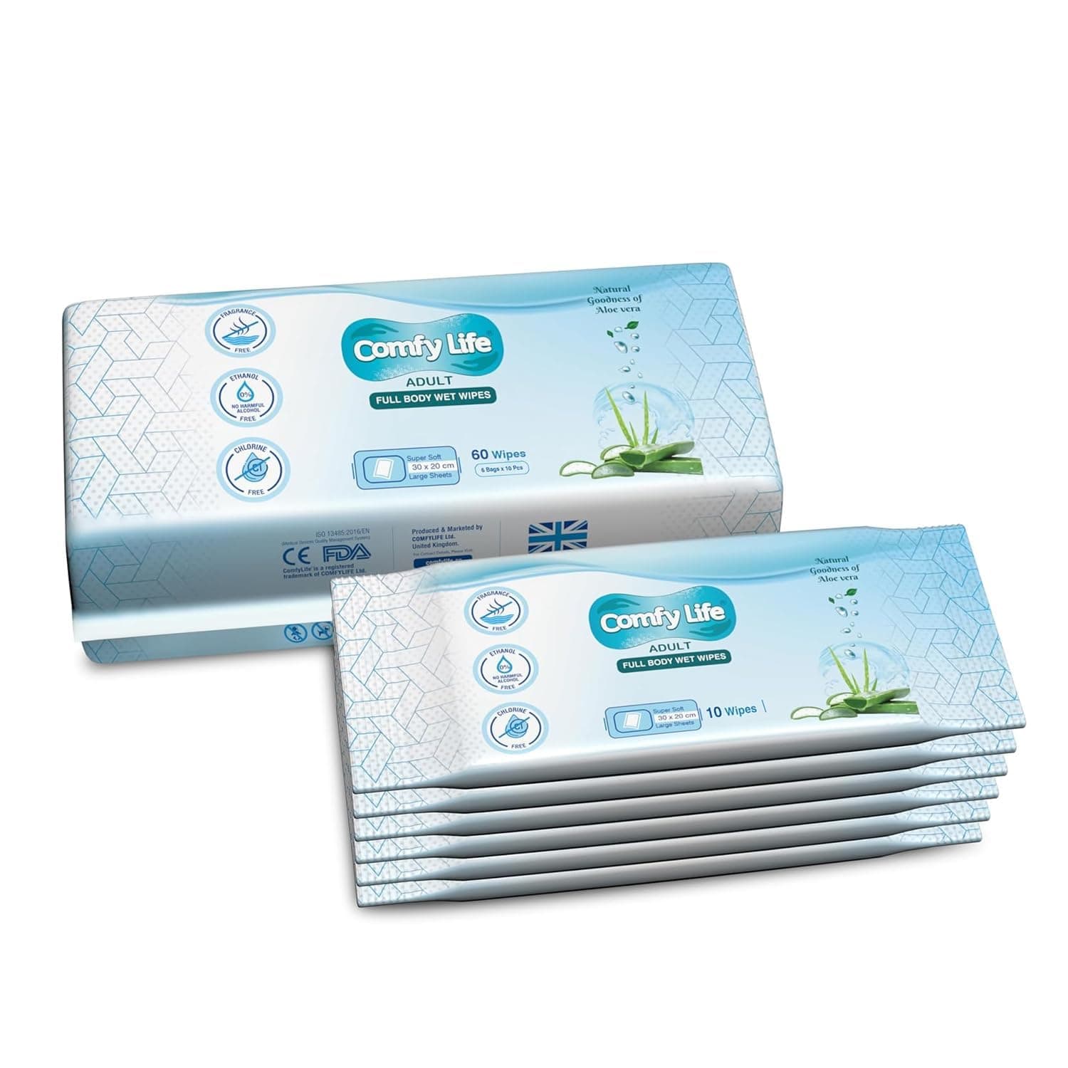 – Premium Full Body Cleansing Wet Wipes For Adults - Large Luxury Fresh-feel Rinse-free Fragrance-free Bed Bath Incontinence Hygiene Intimate-care Soft Sheets (6 x Travel Pack (60 Wipes))