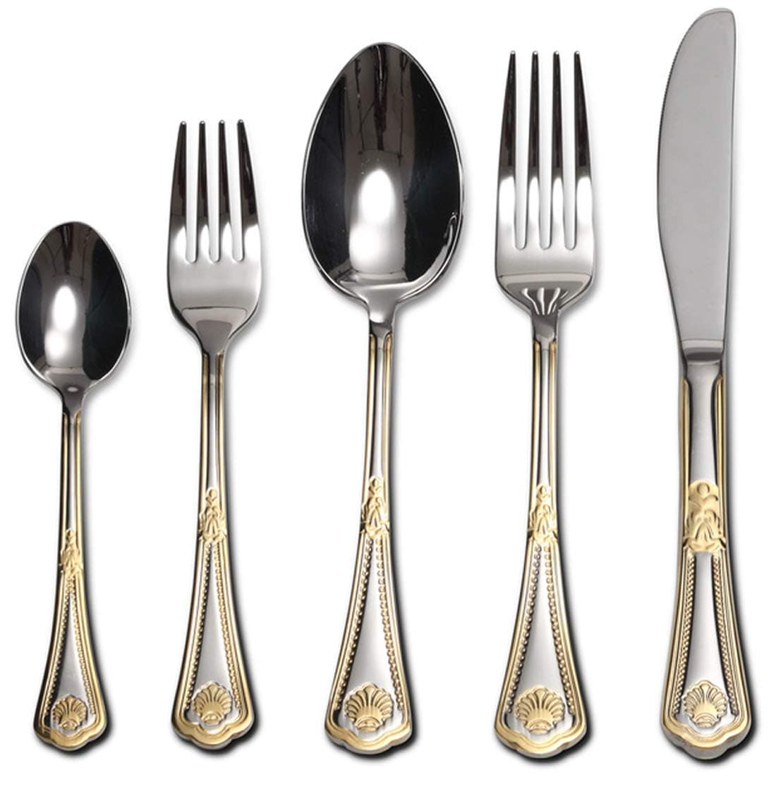 Venezia Collection 'Seashell' 40-Pcs. Fine Flatware Set, Silverware Cutlery Dining Service for 8, Premium 18/10 Surgical Stainless Steel, 24K Gold-Plated Trim