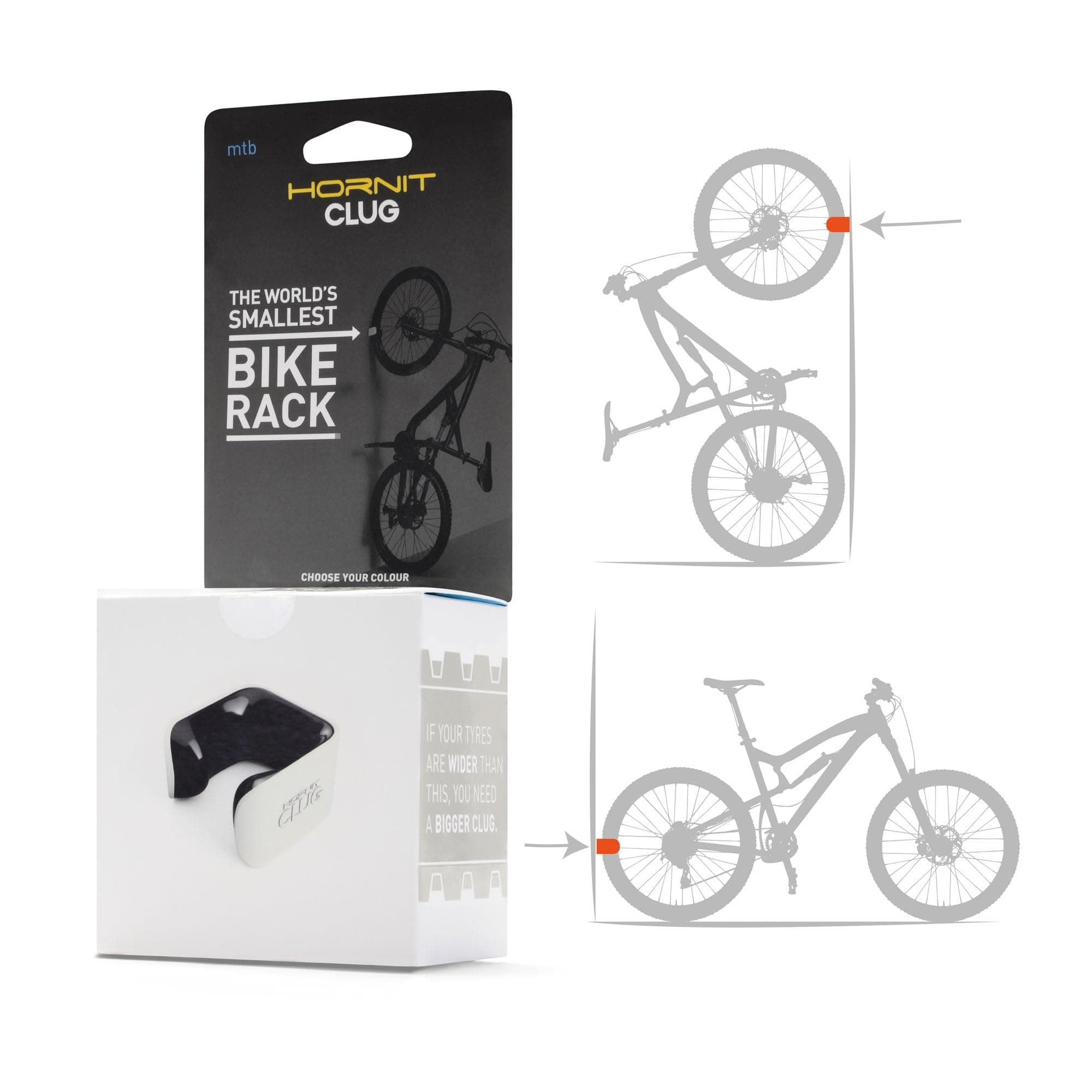 CLUG Bike Clip Holder Wall Mounted Rack - The World's Smallest Bike Rack (MTB L, Fits tyres: 44-57mm,White/Black)