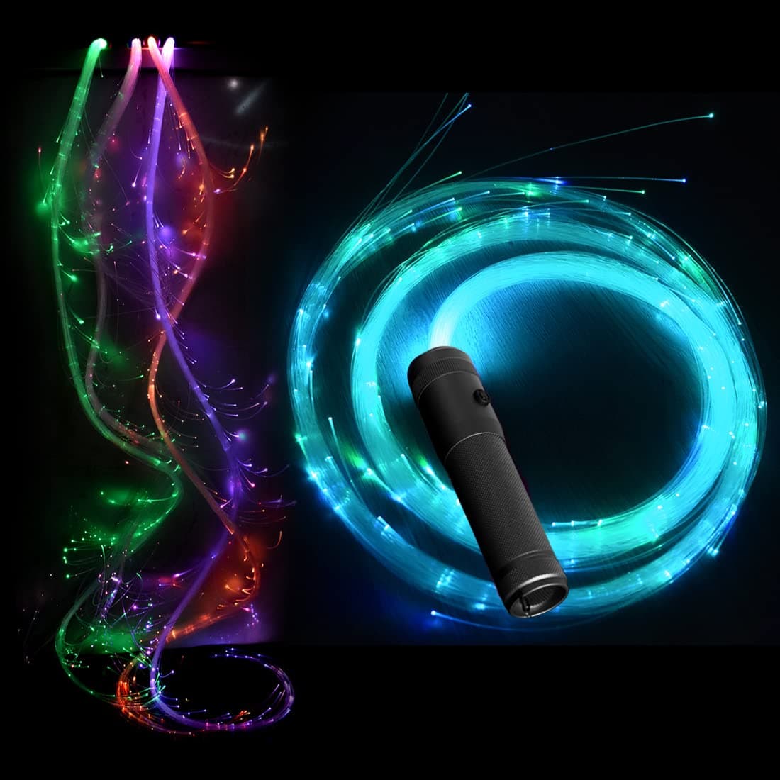 Fiberflies Pixelwhip Fiber Whip, Black Handle Light up Poi Balls Space Dance Light up Balls Rave Light Pixel Flow Lace Orbit Amazing Fiber Optic Light Wand Rave Toys