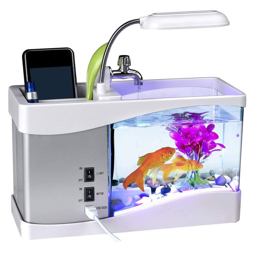 USB Desktop Mini Fish Tank Aquarium Led Lamp Light Lcd Screen Clock For Home Office Tranquil Nature Sounds, Fish Tank Ornaments