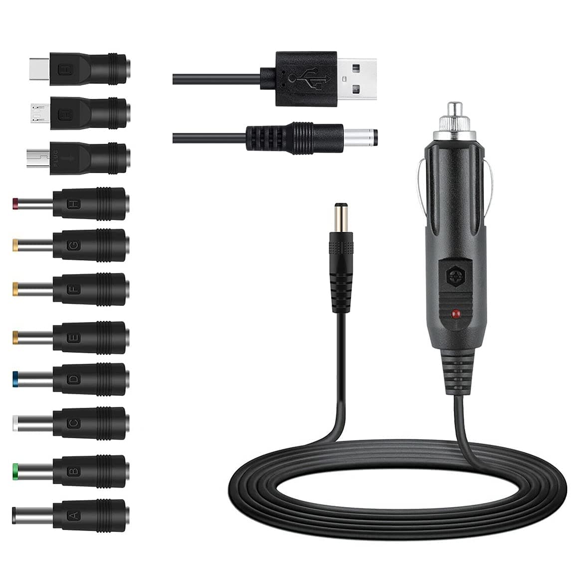 12V Car Charger(Max 10A) + 5V DC Power Cable,with 11 Connectors for DVD Player,Camera,GPS,Bluetooth Speakers,Shaver Fans
