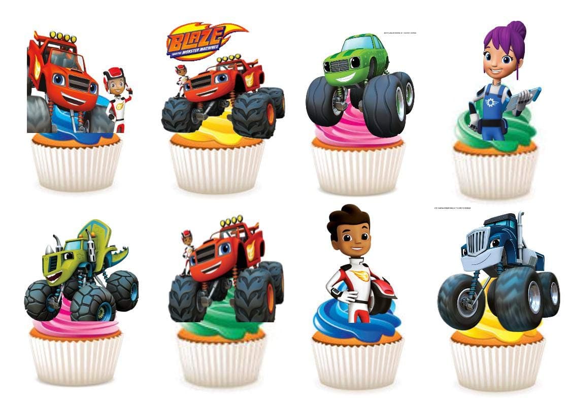 30 x Blaze and Machines STAND UP Edible Paper Cupcake Toppers Cake Decorations