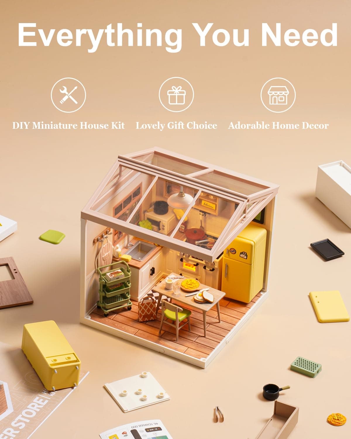 Rowood Miniature Kitchen Building House Kit Set with LED, DIY Plastic Mini Accessories Kit to Build Playset for Kids Adults, Easy and Lovely Craft Kits Gifts on Birthday Christmas-Happy Meals Kitchen