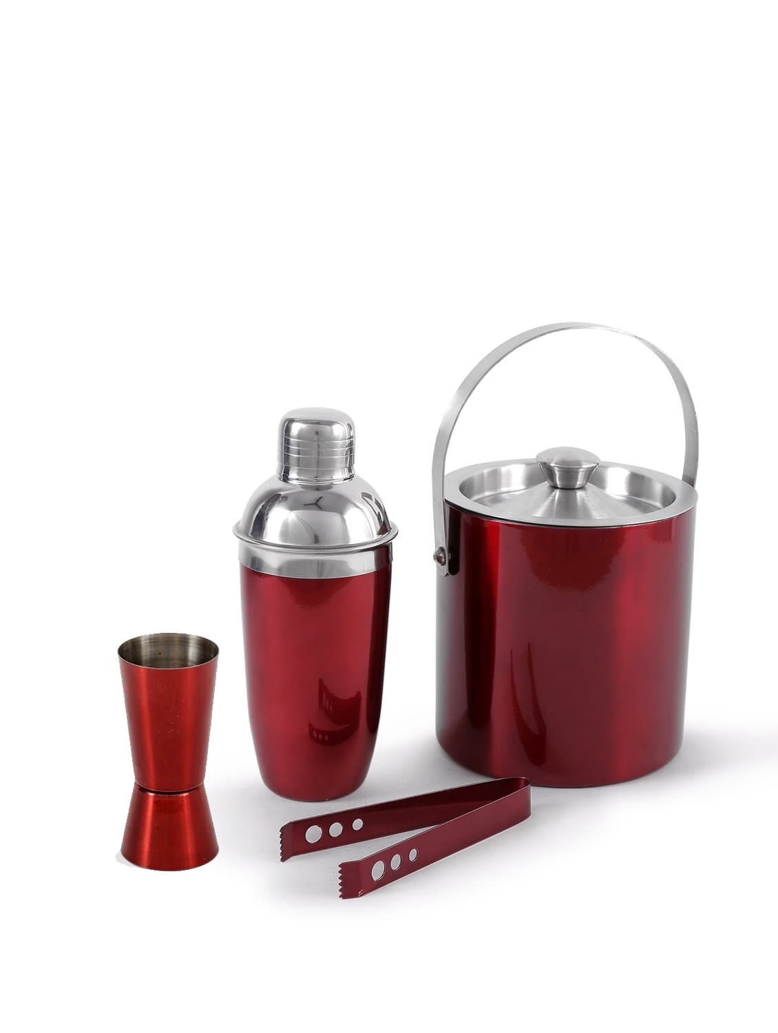 King International Stainless Steel Red Bar Set, Set of 4 Pieces, Cocktail Shaker, Peg Measure, Ice Tong, Ice Bucket Bar Box, Ice Cold for 6 Hours, Bar Tools for Home Bar Accessories, Mini Bar