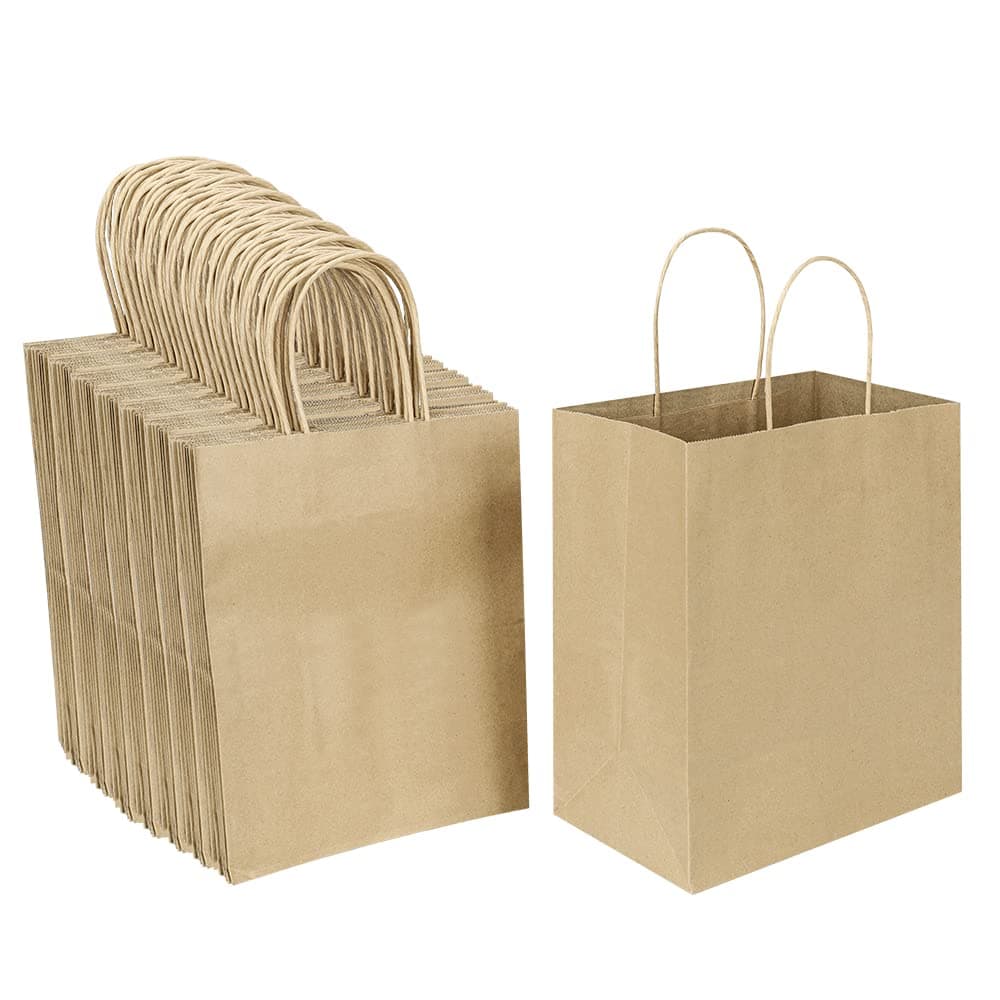 Oikss 100 Pack 8x4.75x10 Inch Medium Brown Kraft Paper Bags with Handles Bulk for Wedding Birthday Party Favors Grocery Retail Shopping Business Goody Craft Gift Bags Sacks (Plain Natural 100 Count)