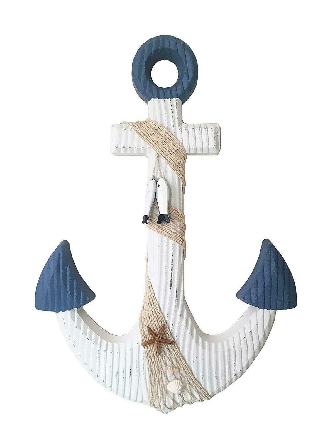 Nautical Rustic Wooden Anchor with Rope Crosses Wall Art Decor,Boat Wheel,Hanging Wood Crossbar Anchor Decorative Home Bathroom Office Beach Theme Decoration 18''H (White)