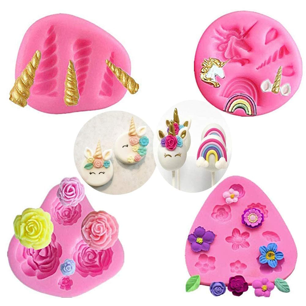 Mini Unicorn Silicone Mold, Unicorn Ears Horn Rainbow Flowers and Leaf, Cake Fondant Mold Set, Cupcake Toppers Fondant Chocolate Mold for Unicorn Theme Party and Kids Birthday (Set of 4)