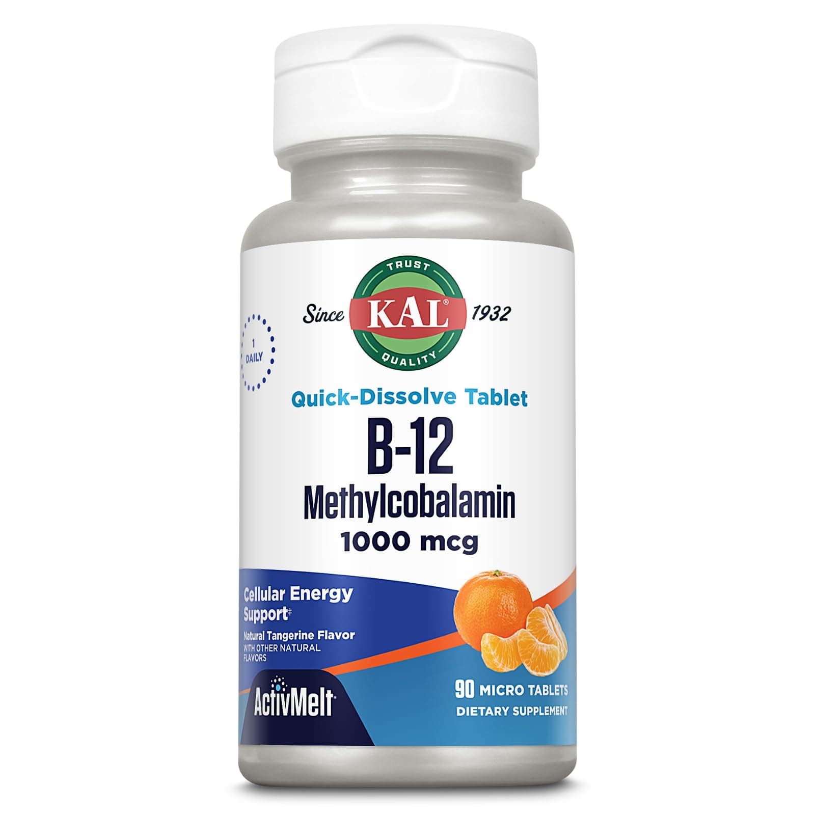 KAL Vitamin B12 Methylcobalamin 1000mcg, Healthy Energy, Metabolism, Nerve & Red Blood Cell Support,* Fast Dissolve ActivMelt, Optimal Absorption, Natural Tangerine Flavor, 90 Servings, 90 Micro Tabs