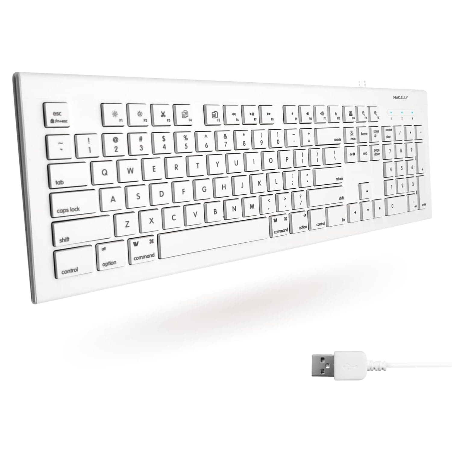 Macally Full Size USB Wired Keyboard for Mac and PC - Plug & Play Wired Computer Keyboard - Compatible Apple Keyboard with 15 Shortcut Keys for Easy Controls & Navigation of Macbook Pro/Air, iMac