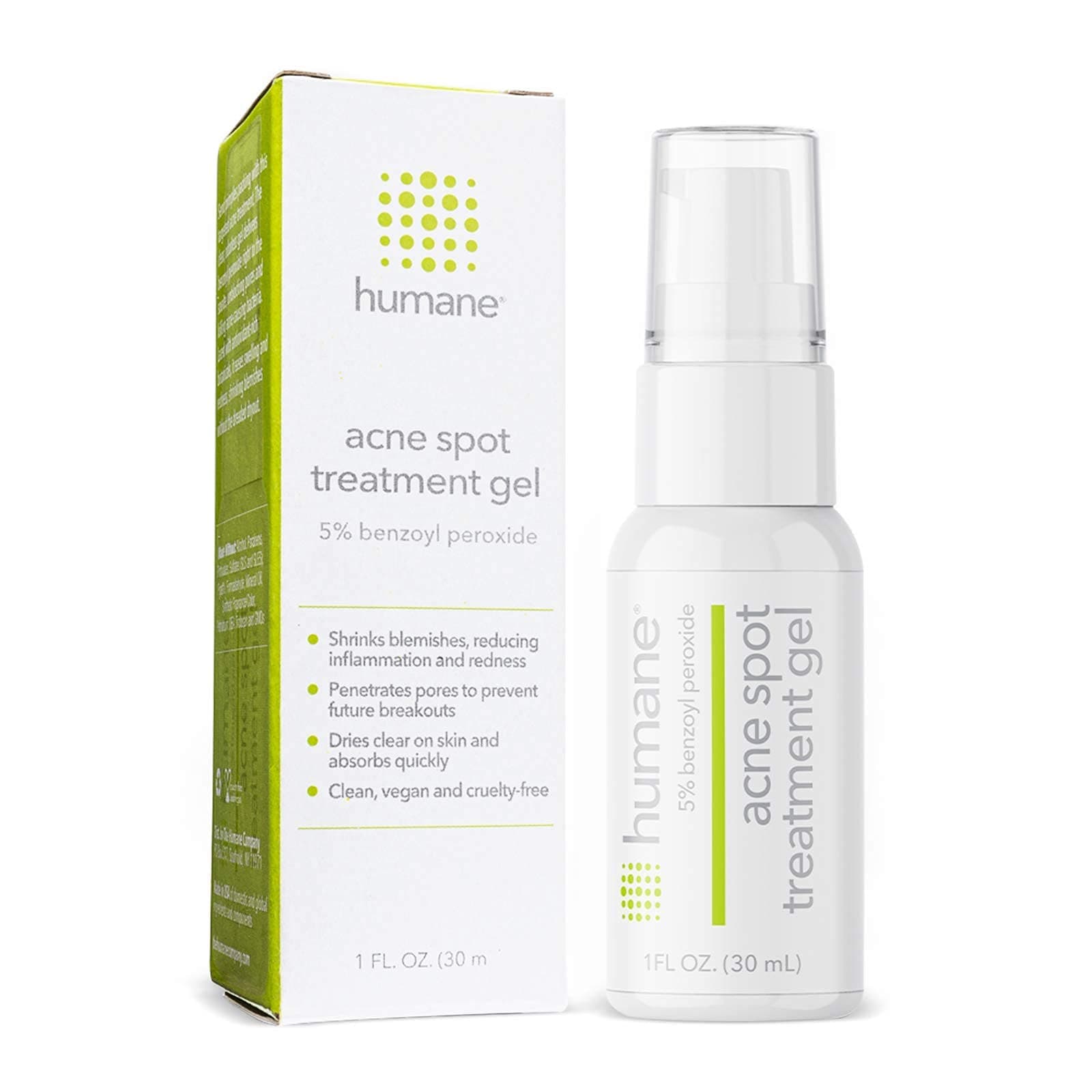Humane Acne Spot Treatment Gel - 5% Benzoyl Peroxide Helps Unclog Pores and Provides Blemish Relief - Soothing Aloe Vera Gel and Licorice Root Extract - Vegan and Cruelty-Free - 1 Fl OZ