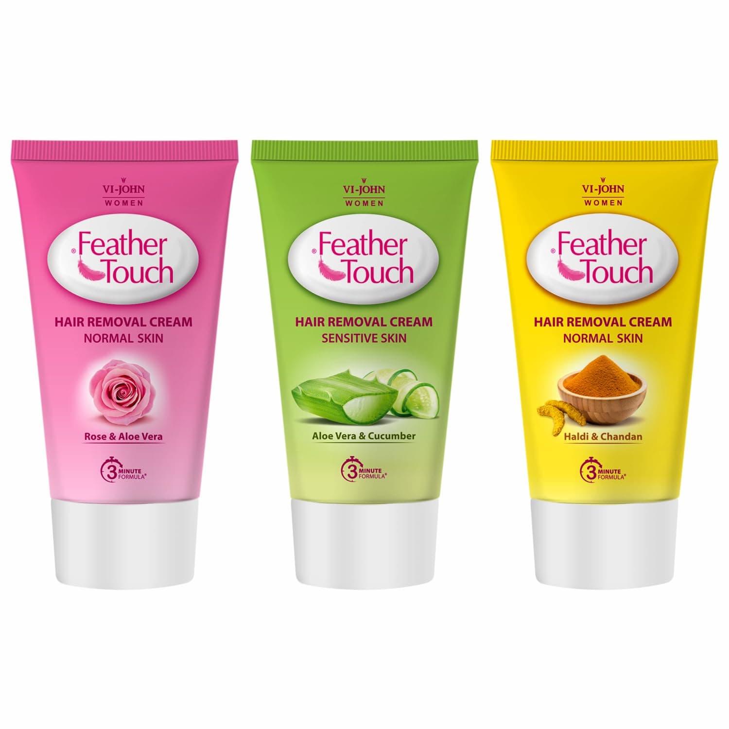 VI-JOHN Feather Touch Rose,Aloevera & Halidi Chandan Hair Removal Cream, for Sensitive Skin, Suitable for Legs, Underarms, Bikini Line, Arms - 110g Pack of 3