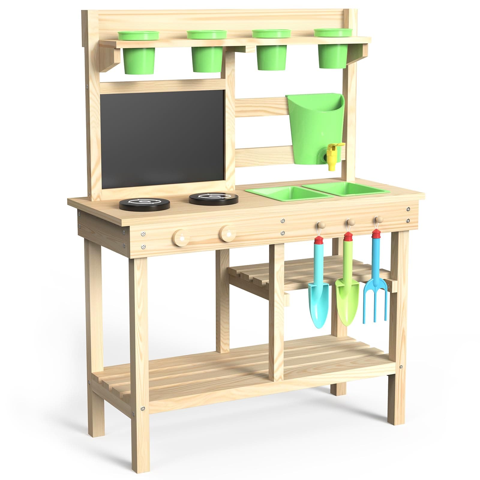 Cedar Wood Outdoor Play Kitchen for Kids, Mud Kitchen with Water Faucet, Dual-Sided Chalkboard, Storage Shelves, Cups, Removable Sink, and Pretend Stove β Backyard Toddler Playset for Boys and Girls