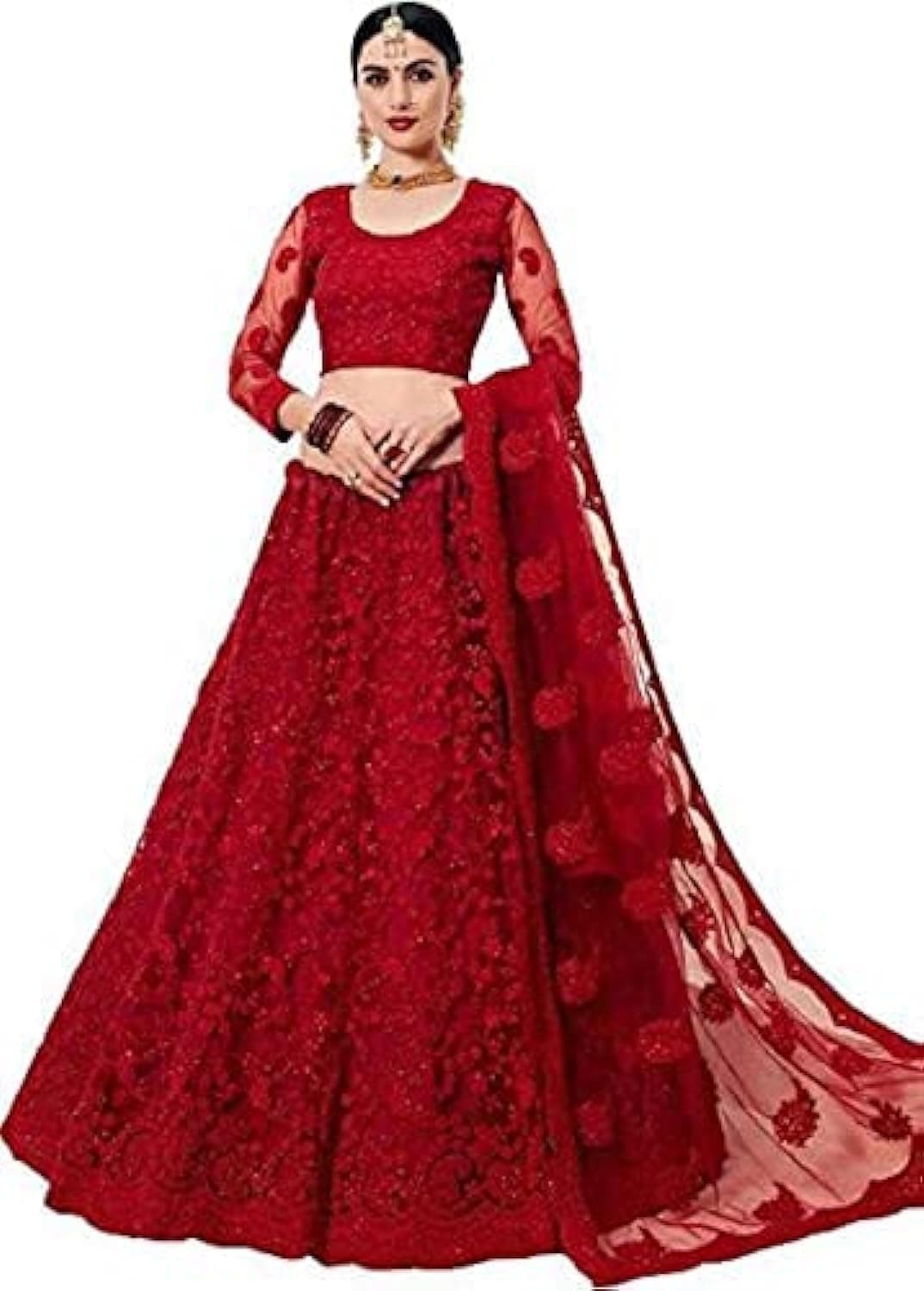 Nir Fashion Women's Net Embroidered Semi-Stitched Lehenga Choli(Red_Free Size)