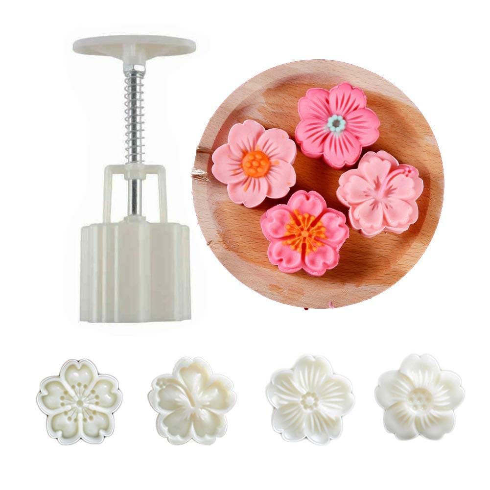 Moon Cake Mould Set 4pcs 50g Cookie Stamps, Cherry Blossom Floral Mid Autumn Festival DIY Hand Press Cookie Dessert Cutter Pastry Decoration Flower Impressions Tool Mooncake Maker