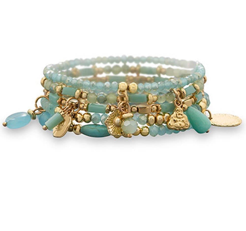 Gold Tone Stretch Bracelets with Aqua Beads – Set of 5 Bracelets to Mix and Match