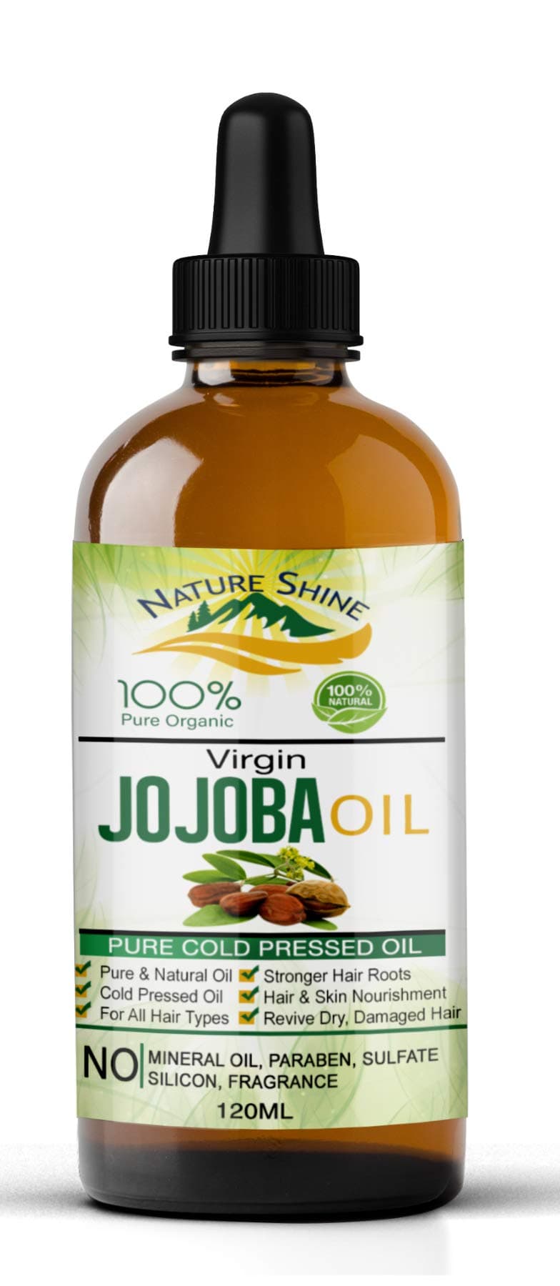Jojoba Oil Nature Shine 100% Organic 120ml Pure & Natural Cold Pressed Aromatherapy Unrefined Moisturizer for Face, Hair, Skin, Nails, Cuticles, Stretch Marks & Sensitive