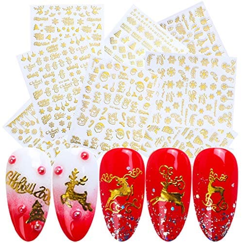 9 Sheets 3D Christmas Nail Art Decals Gold Self-Adhesive Nail Stickers Winter New Year Nail Art Decoration Santa Claus Tree Snowflake Deer Snowman Nail Design Sticker for Christmas Party Supplies