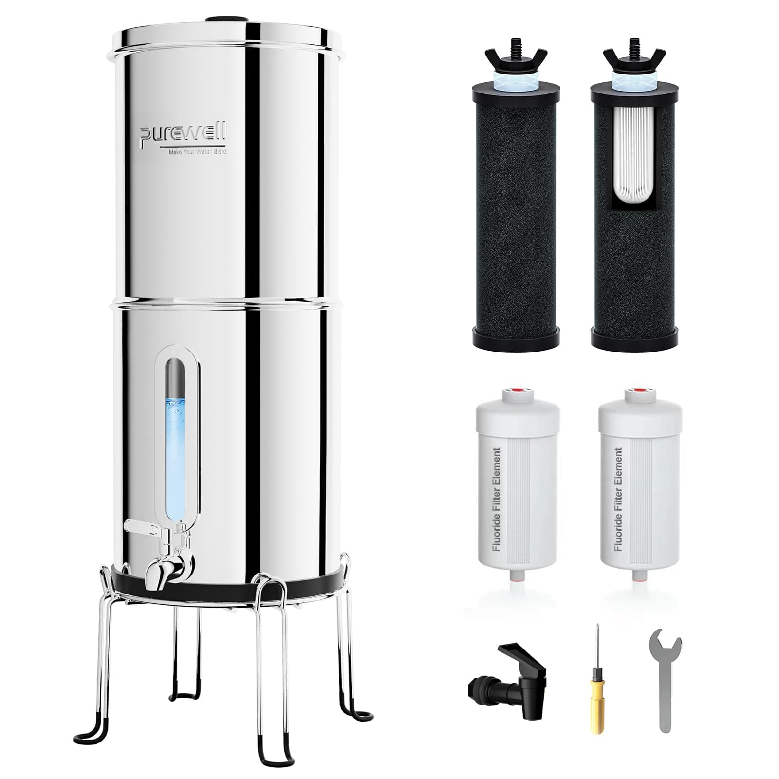 Purewell 2.25G Gravity Water Filter System with Water Level Window, 8-Stage 0.01μm Ultra-Filtration Stainless Steel Countertop System with 4 Filters and Stand, Reduce Fluoride and Chlorine, PW-KS-CF