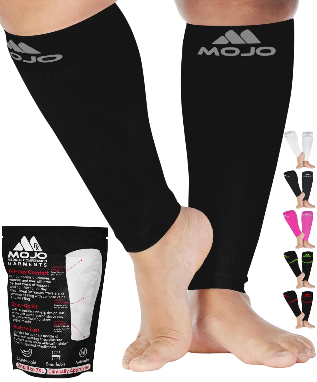 Mojo Compression Socks6-XL Extra Wide Calf Sleeves for Women and Men - 20-30mHg (Black) Plus Size 6X-Large