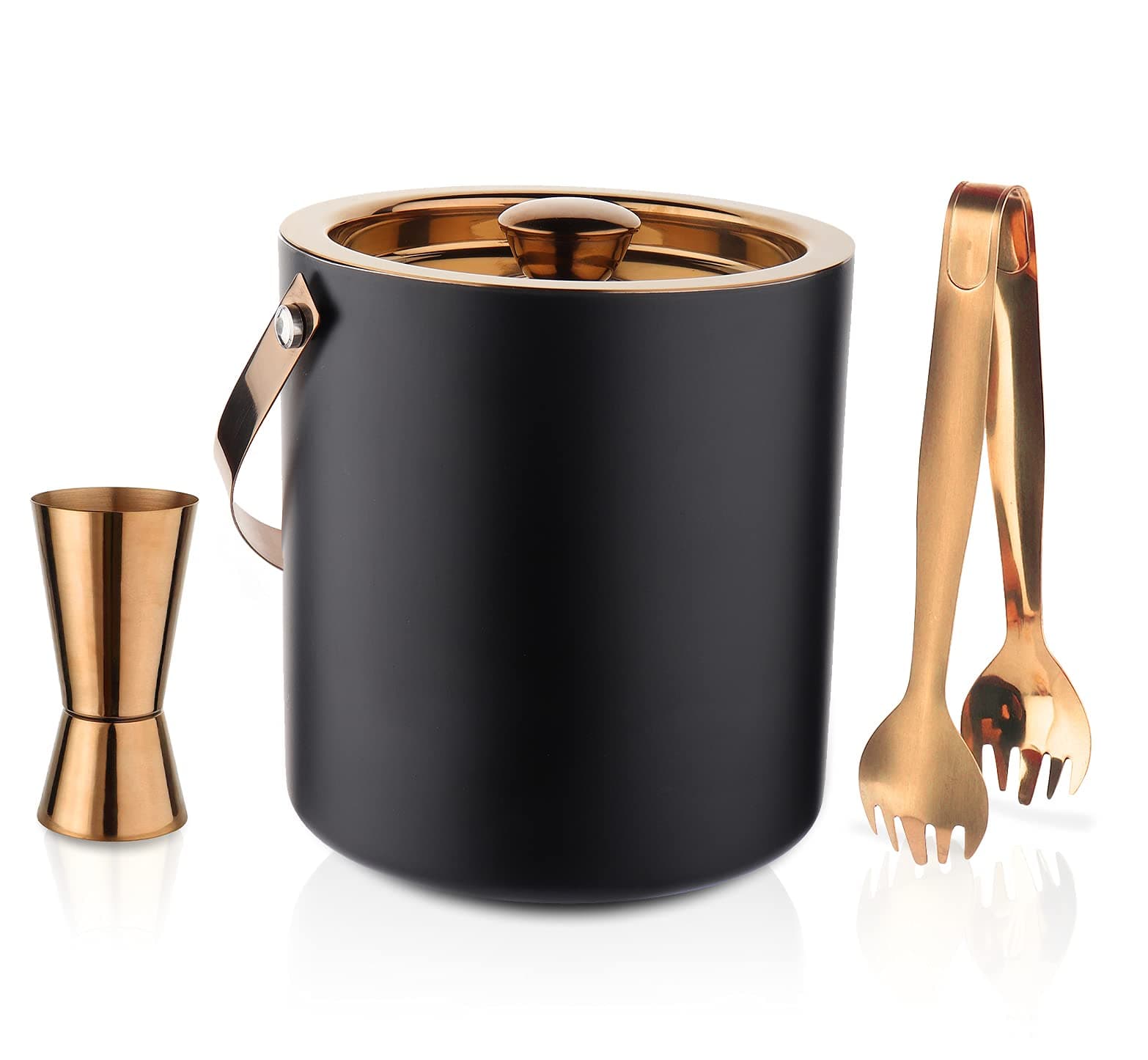 STEREN IMPEXStainless Steel 3 Piece Black & Copper Bar Set for Drink/Gift, Double Wall - Ice Bucket with Tong & Peg Measure
