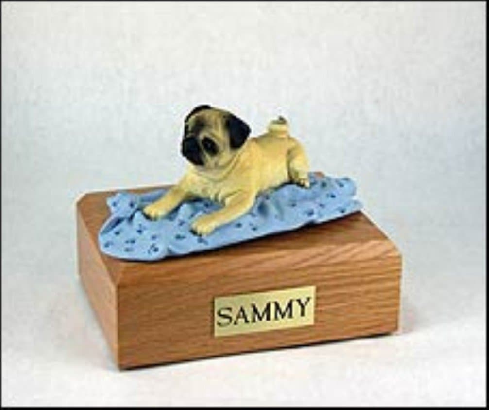 Pug Dog, Pet Cremation Urn - Fawn Pug Figurine on Traditional, Small Sized, Walnut Wood Urn. (Listing Is for a Walnut Wood … Please See Color Swatch … NOT Oak Wood, As Pictured.)