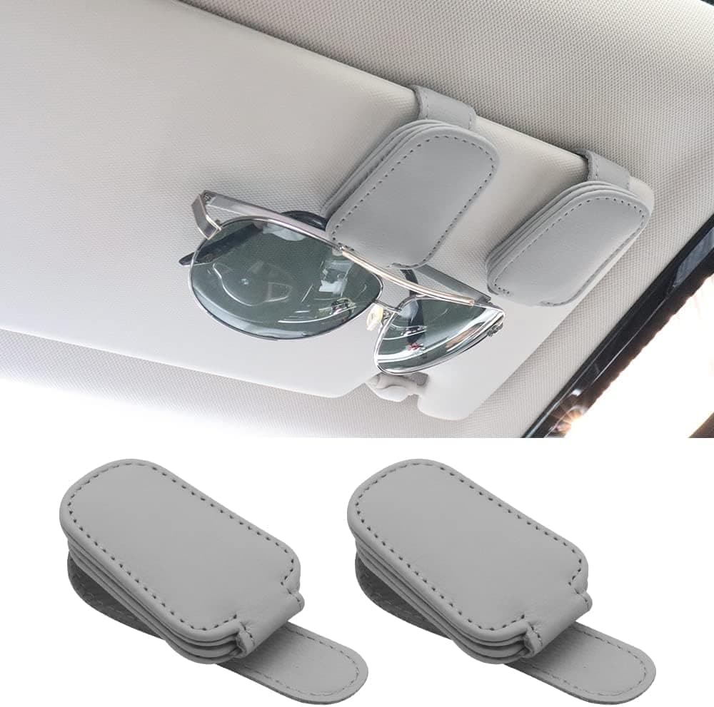 PGETWV Sunglasses Holders for Car Visor, 2PCS Sunglass Holder for Car, Magnetic Leather Sunglasses Holder and Ticket Card Clip, Car Visor Accessories, car glasses holder, car Sunglasses holder (Grey)