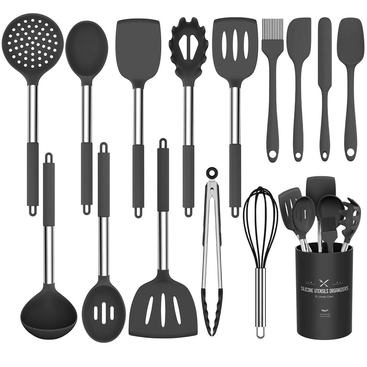 Silicone Cooking Utensil Set, Umite Chef 15pcs Silicone Cooking Kitchen Utensils Set, Non-stick - Best Kitchen Cookware with Stainless Steel Handle - Black Kitchen Utensils