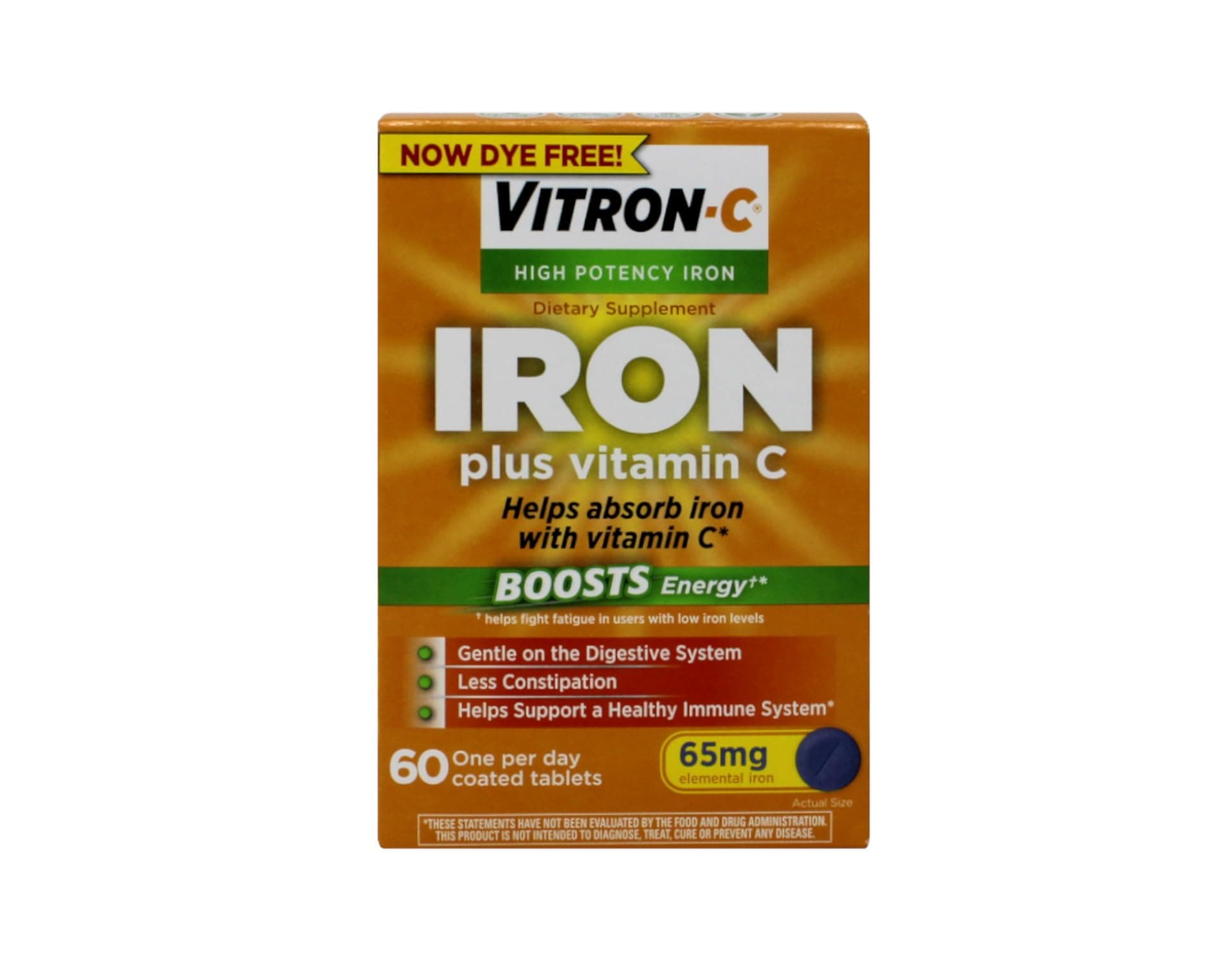 Vitron-C High Potency Iron Dietary Supplement – Iron Plus Vitamin C, Boosts Energy, Gentle on The Digestive System, 60 Coated Tablets, 65 mg Elemental Iron