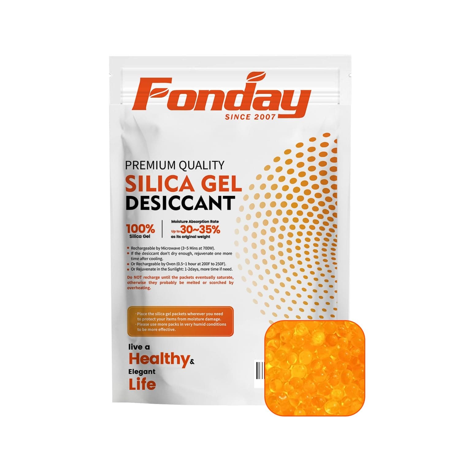 1.2LB Fonday Premium Moisture Indicating Silica Gel Desiccant Orange to Green Rechargeable Industry Standard Bead Size 3 to 5mm