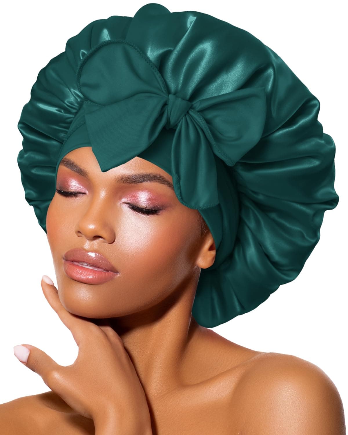 Silk Bonnet for Sleeping Women Satin Bonnet Night Sleep Cap Wrap for Curly Hair with Adjustable Tie Band, Darkish Green