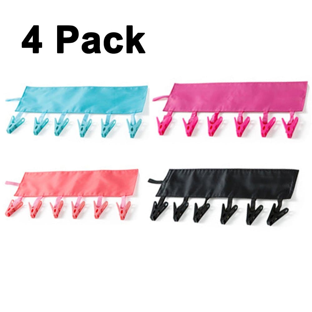 Travel Bathroom Folding Cloth Hanger, Pack of 4, Portable Foldable Clothespin Holder Hook 6 Clips (4, Multicolor)