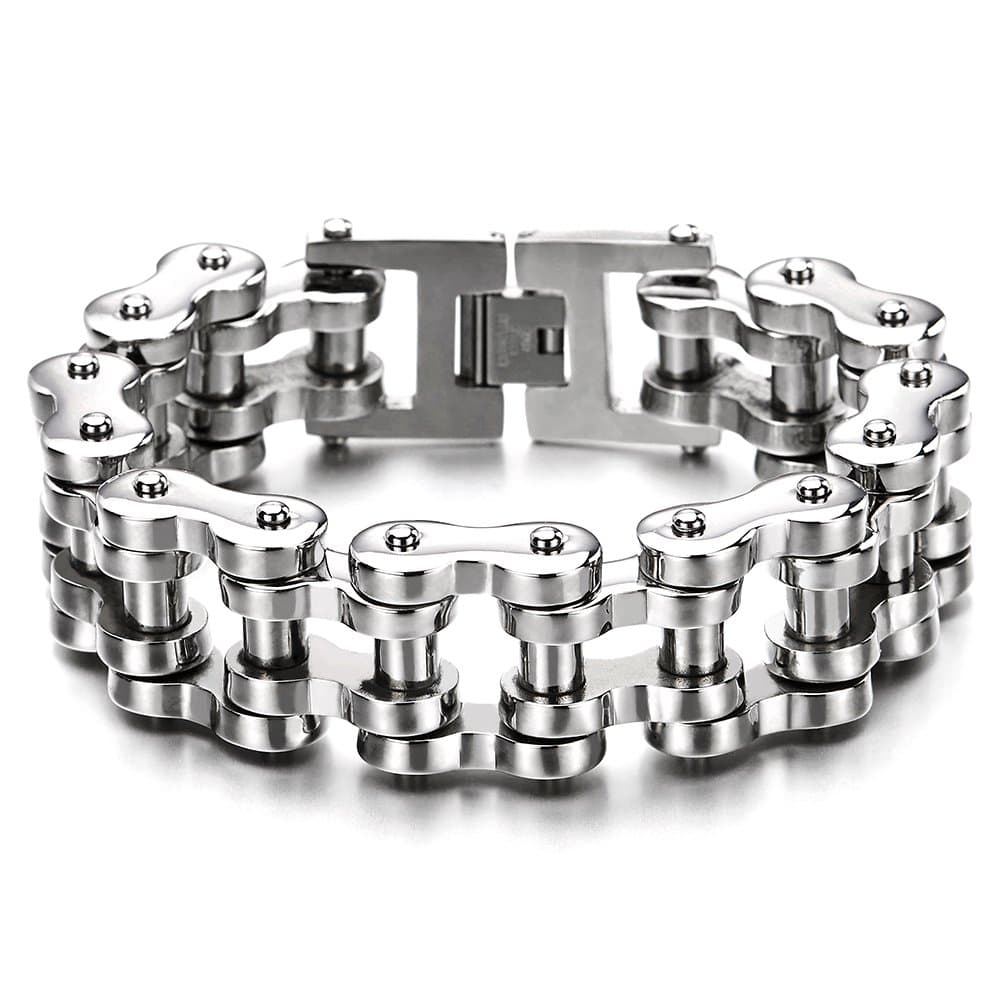 Men Heavy Sturdy Bike Chain Motorcycle Chain Bracelet of Stainless Steel, Silver Color Polished