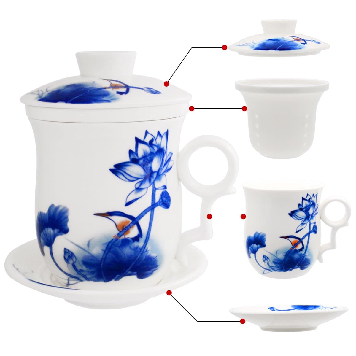 Porcelain Tea Cup with Infuser Lid and Saucer Sets - Chinese Jingdezhen Ceramics Coffee Mug Teacup Loose Leaf Tea Brewing System for Home Office