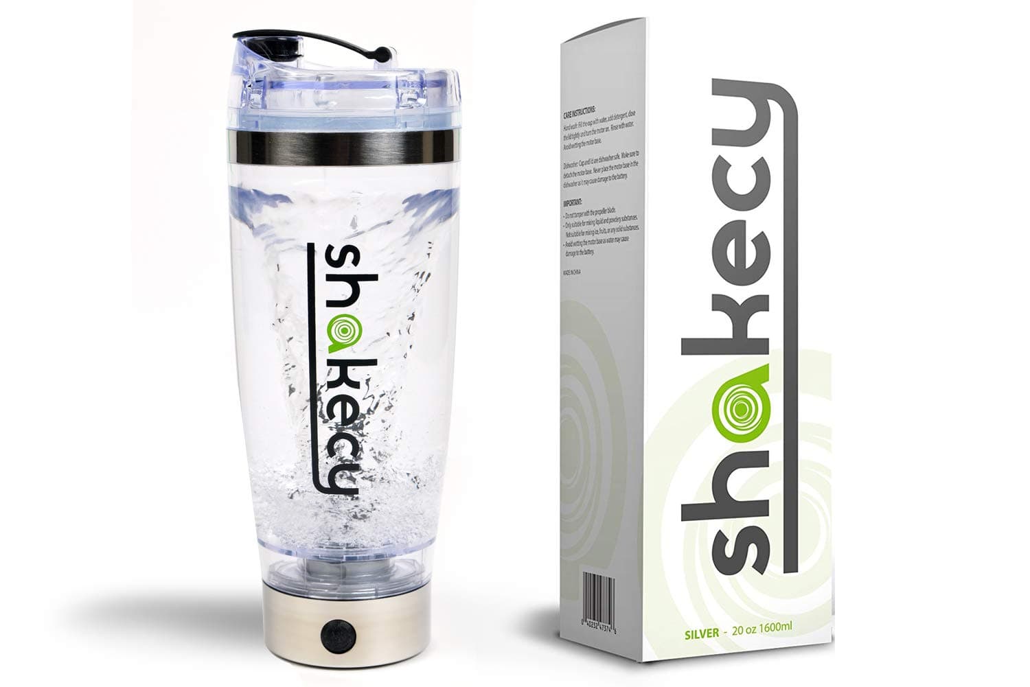 Shakecy Protein Shaker Bottle - 20 ounce (600 ml) BPA Fee. No More Lumps. Includes An Integrated Protein Powder Storage And BONUS Extra Lid. Leak Proof / 16,000 RPM With Micro USB Cable - SILVER