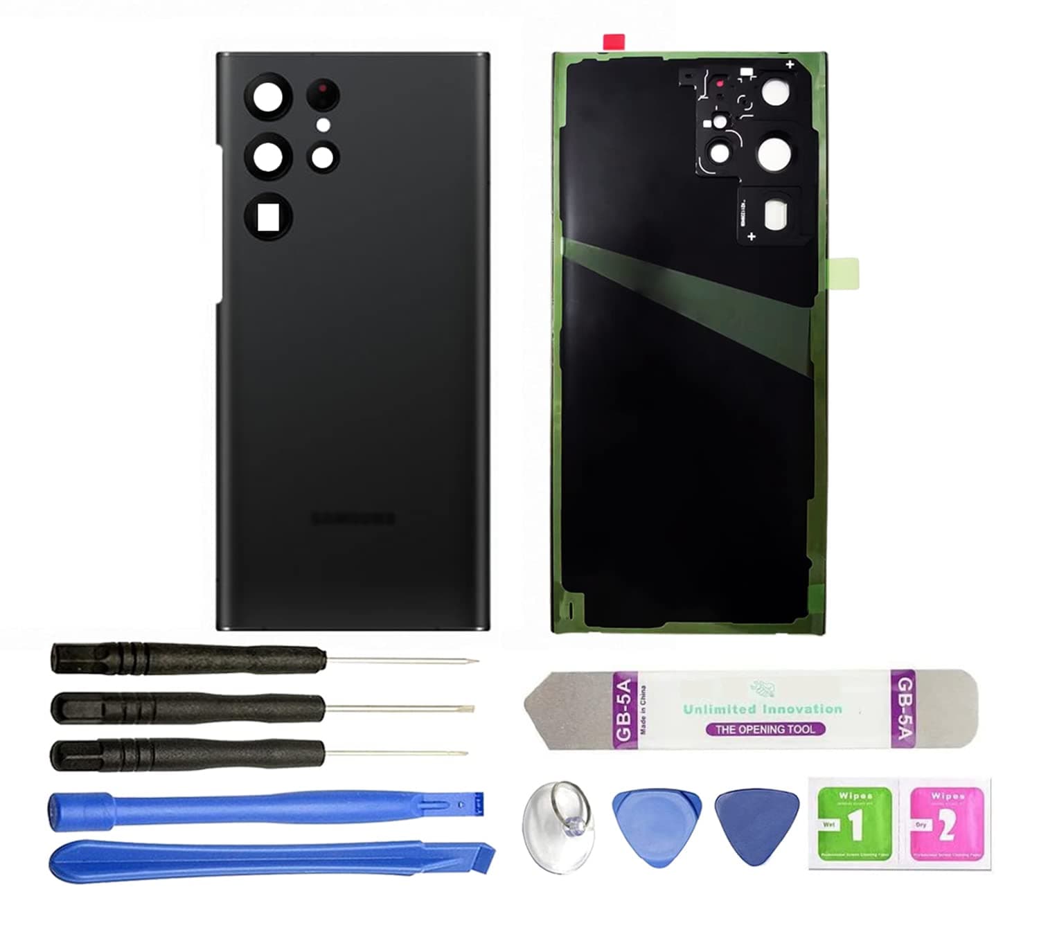 R RONPHONE for Samsung Galaxy S22 Ultra Replacement Back Glass Panel Case + Pre-Installed Camera Lens + All The Adhesive + Repair Tool Kit for Samsung Galaxy S22 Ultra All Carriers (Black)