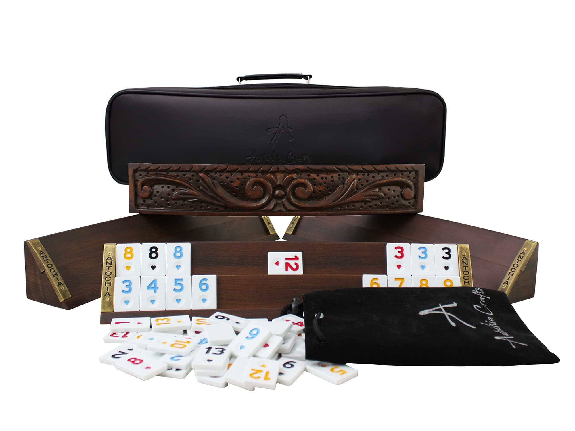 Antochia Crafts Hand Carved Oval Rummy Tile Holders with Tiles and Case - Complete Set