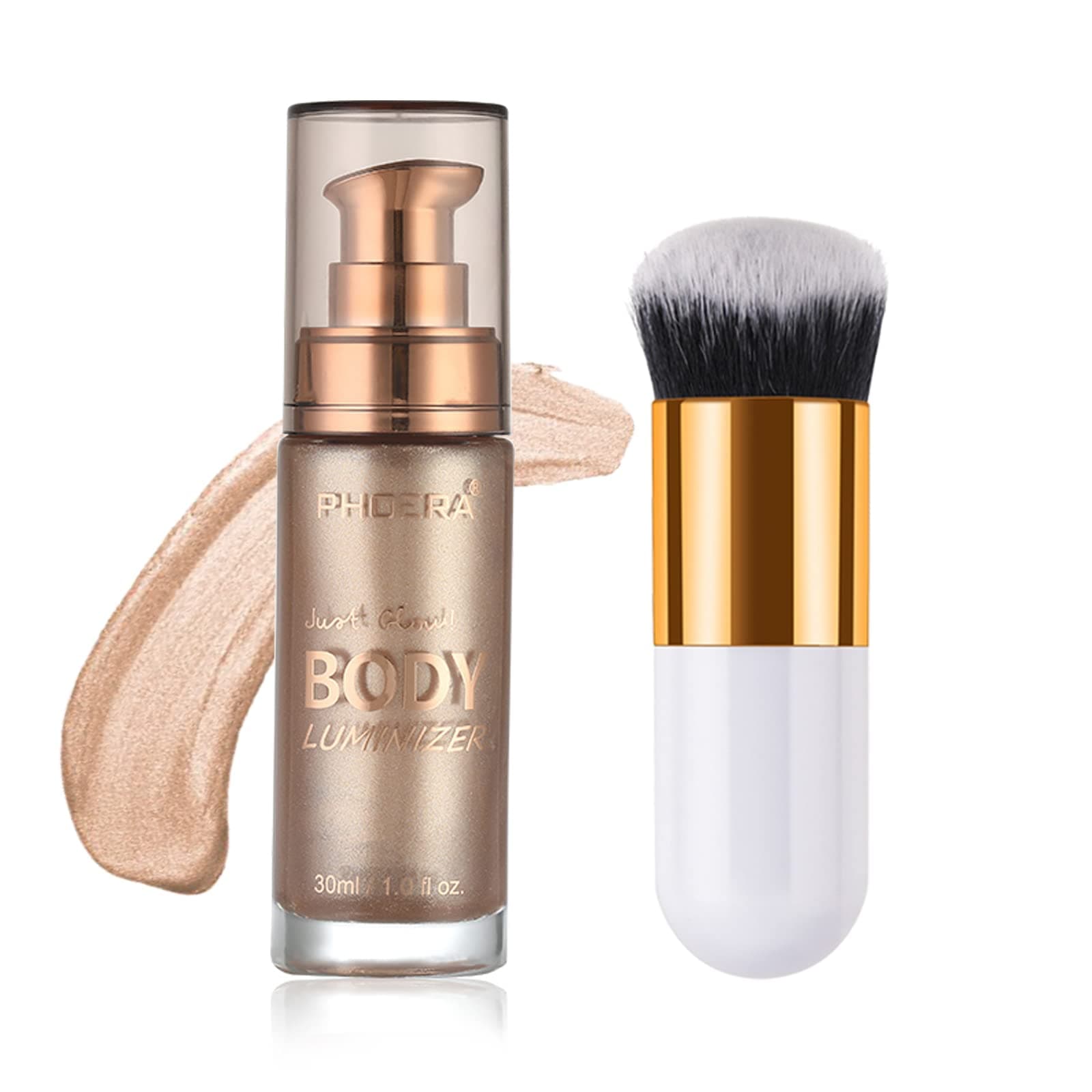 Body Shimmer Oil, Rose Gold Natural Glow Luminizer, Long Lasting Moisturizing Liquid Illuminator Highlighter Makeup for a Sun-Kissed Glow, Brush Include, 1oz, Light Medium