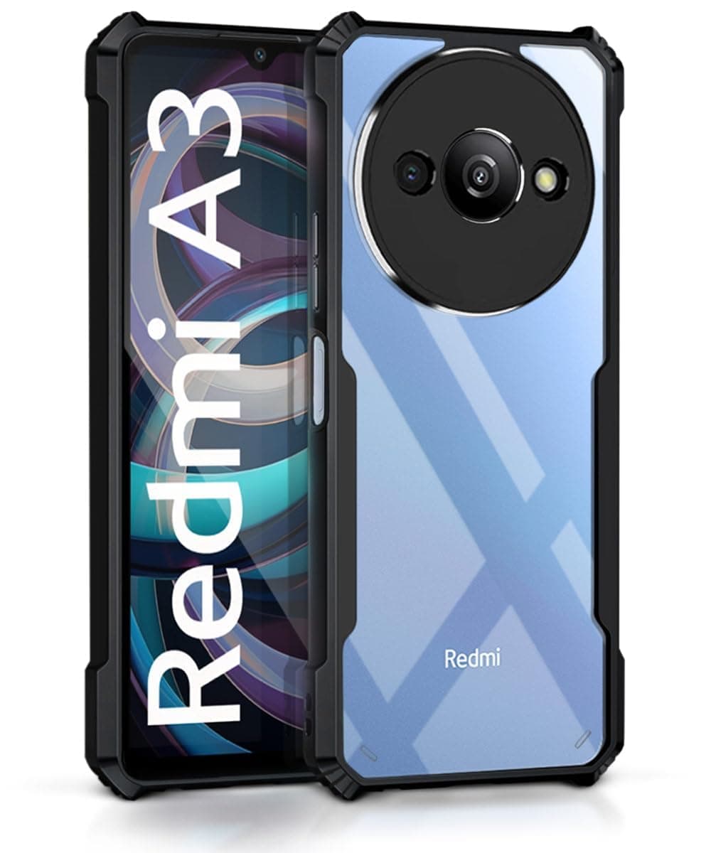 Shock Proof Clear Back Case Mobile Cover for Mi Redmi A3 | Redmi A3X | Poco C61 (Hard | Hybrid PC + TPU | Full Armour Device & Camera Protection | Black)