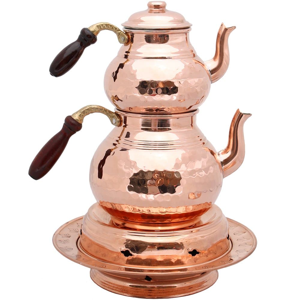 Set of 2 Copper Teapots with Lids and Wood Handle, Teapot Warmer, Copper Heater, Copper Teapots, Hammered Copper Tea Pot, Turkish Tea, Copper Pot, Samovar