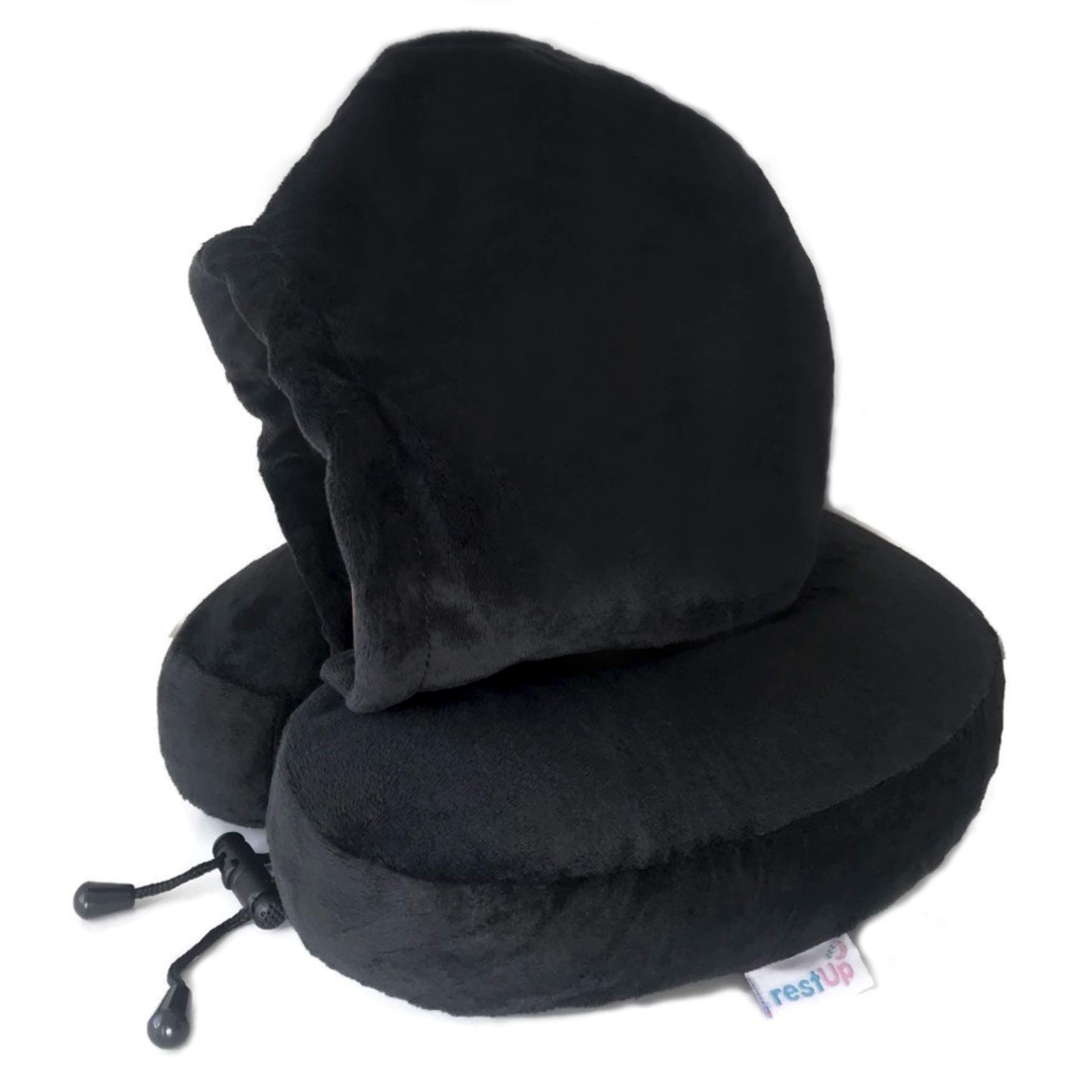 RestUp Travel Pillow | Perfect Support for Head, Chin and Neck - Super Soft Velour with Memory Foam | One Size for Adults & Kids - (Black) UK Company